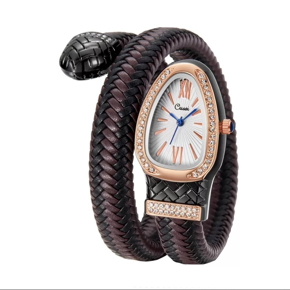 Serpenti Style Wrap Watch –Brown & Black Faux Leather Rose Gold Tone Silver Dial